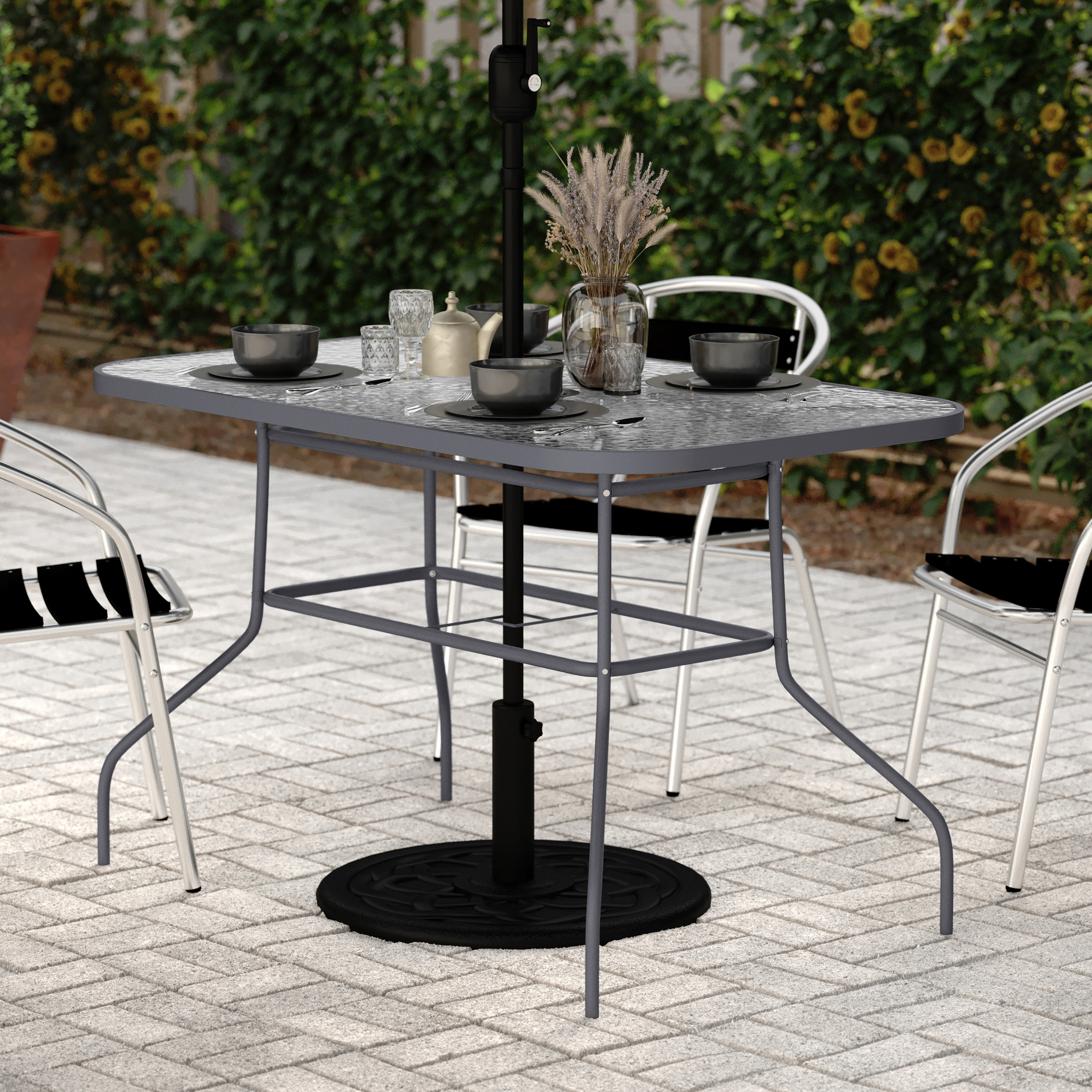 Glass top patio table with umbrella hole discount